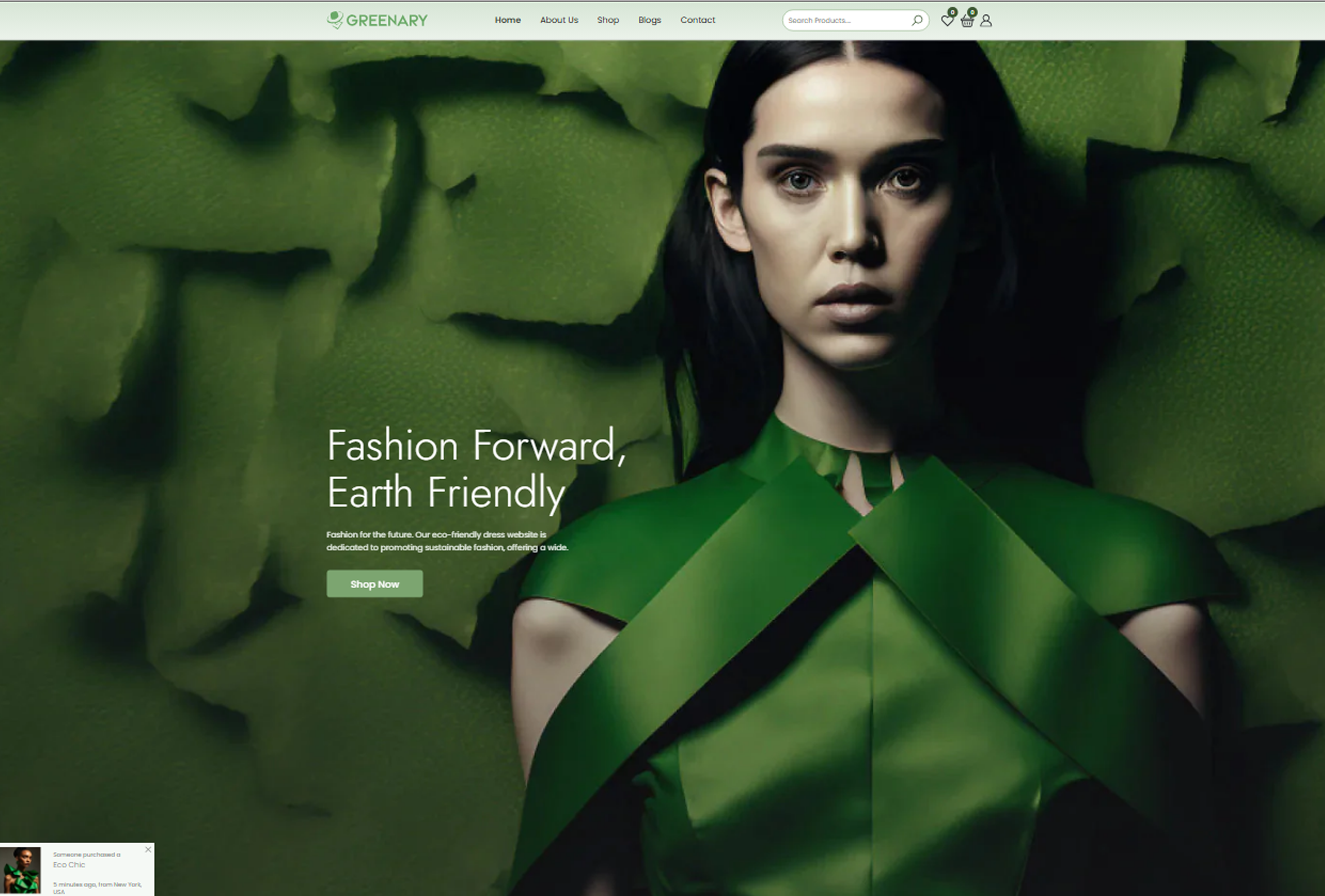 Greenary homepage preview showing editorial hero, model silhouette, and lookbook strip