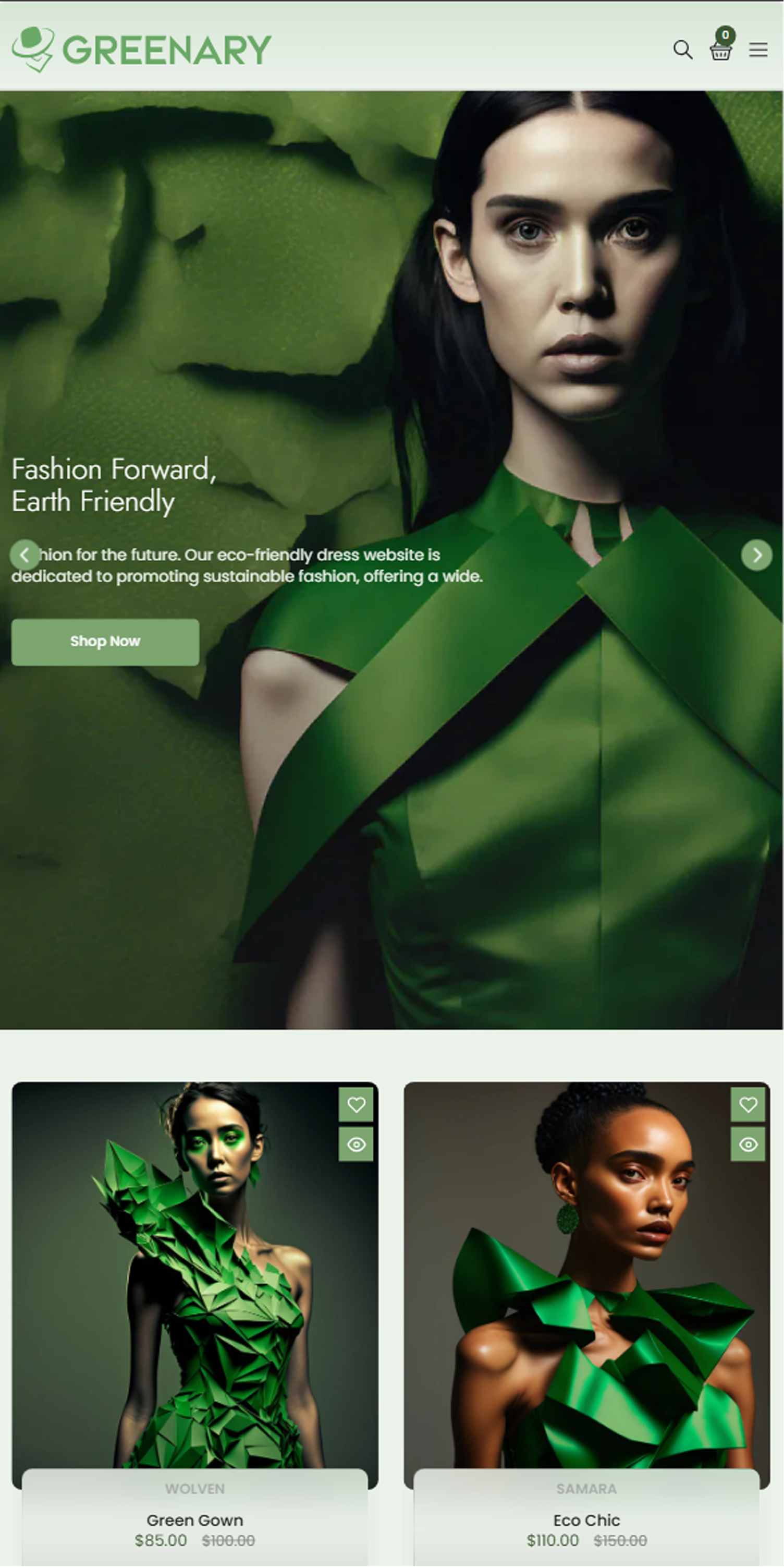 Greenary on mobile — hamburger nav, hero, category cards