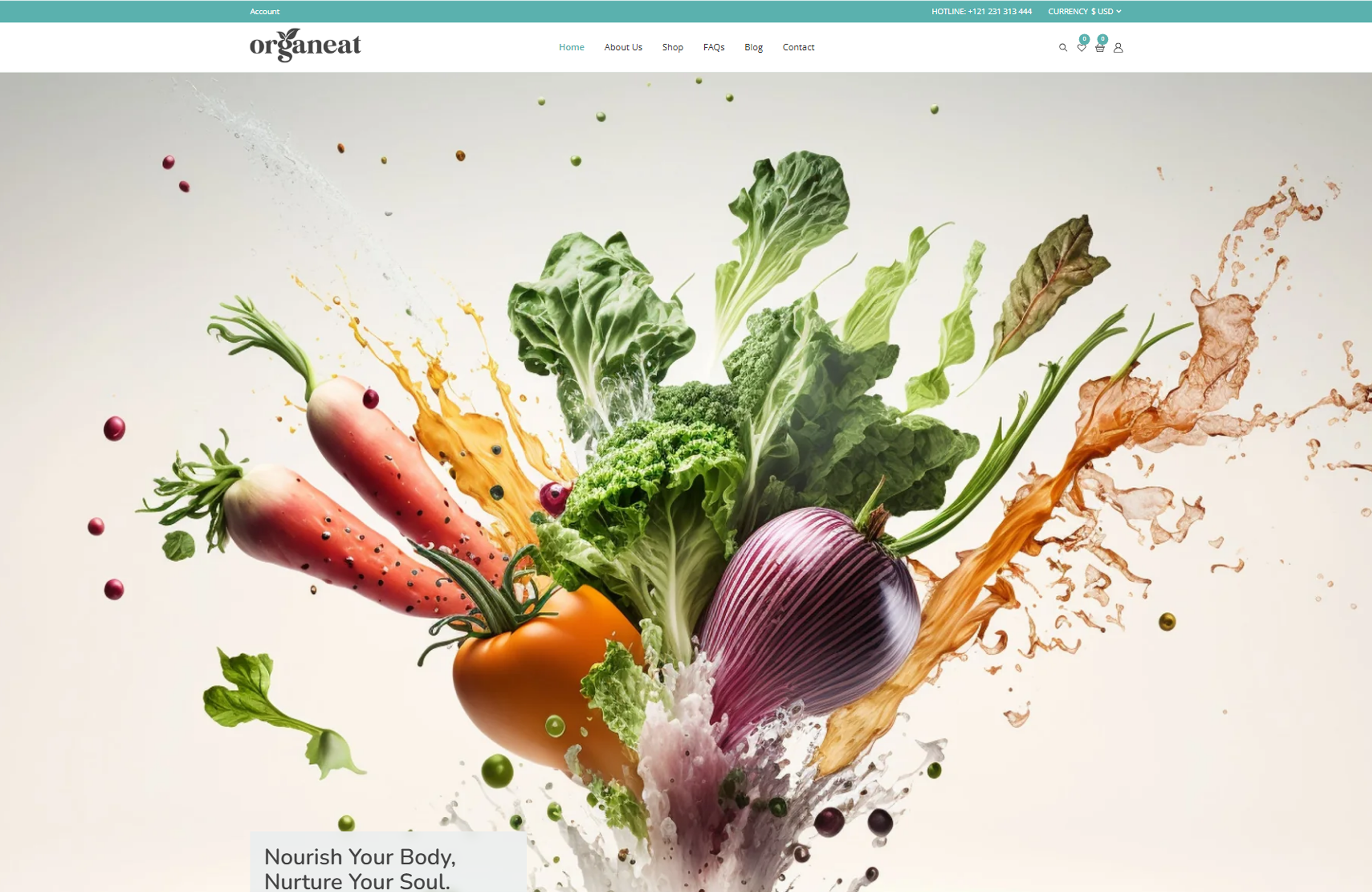 Organeat homepage preview showing hero banner, organic produce illustration, and category strip