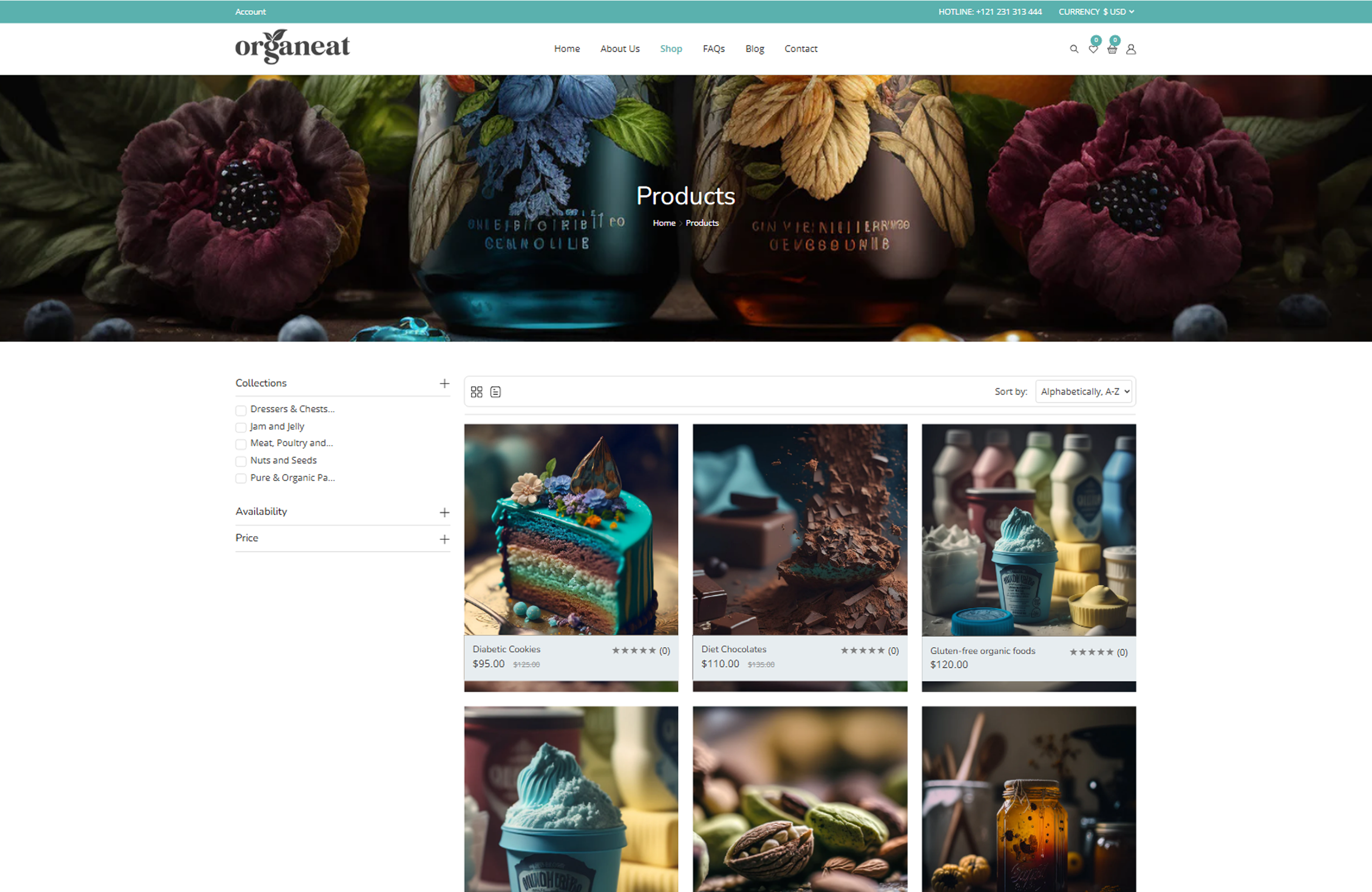 Product collection page with filter chips and product cards showing prices, ratings, and badges